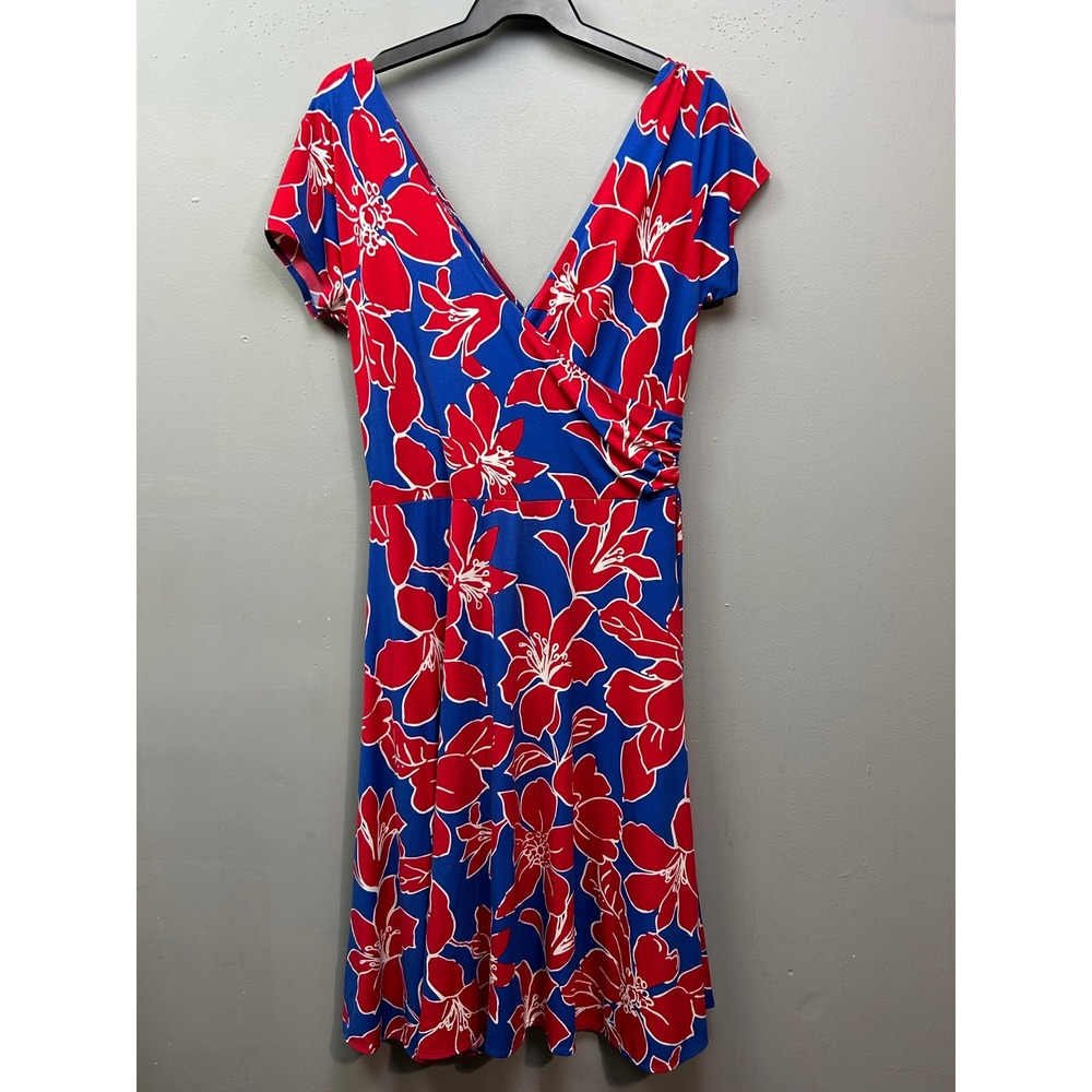 Chadwicks Dress Women 12 Blue Red Floral Faux Wrap Short Sleeve A-Line Midi